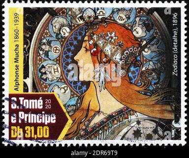 Particolare di Zodiaco dipinto da Mucha su francobollo Foto Stock