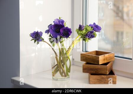 Un bouquet di anemoni blu in un vaso di vetro accanto a tre scatole di legno per riporre piccoli oggetti sul davanzale. Spazio di copia Foto Stock