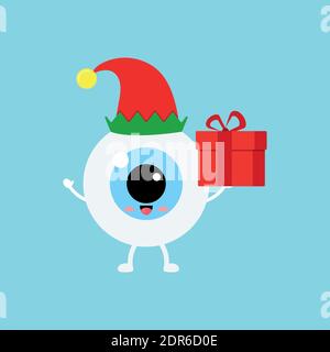 Pallina degli occhi di Chistmas con regalo in costume da elfo con l'icona del cappello rosso isolata sullo sfondo. Illustrazione Vettoriale