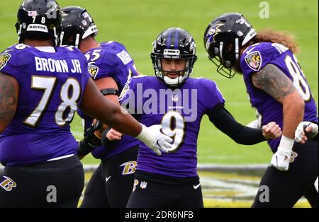 Baltimora, Stati Uniti. 20 dicembre 2020. Baltimore Ravens Place kicker Justin Tucker (9) celebra un gol sul campo contro i Jacksonville Jaguars durante la prima metà all'M&T Bank Stadium di Baltimora, Maryland, domenica 20 dicembre 2020. Foto di David Tulis/UPI Credit: UPI/Alamy Live News Foto Stock