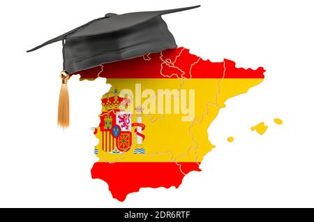 Istruzione in Spagna concetto. Mappa spagnola con tappo graduato, rendering 3D isolato su sfondo bianco Foto Stock