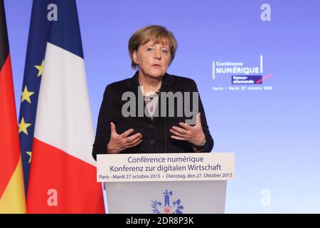 La cancelliera tedesca Angela Merkel ha pronunciato il suo discorso durante la prima Conferenza digitale franco-tedesca tenutasi presso l'Elysee Palace a Parigi, in Francia, il 27 ottobre 2015. Foto di Somer/ABACAPRESS.COM Foto Stock