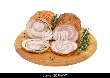 In casa la porchetta arrotolata arrosto con diverse erbe aromatiche Foto Stock