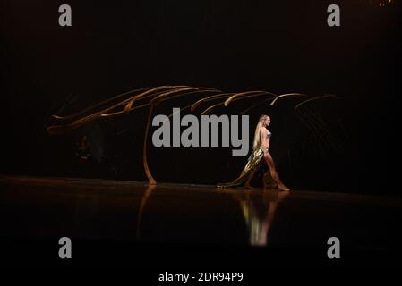 I membri del cast del Cirque du Soleil si esibiscono sul palco durante un'anteprima di "Amaluna" al Parc de Bagatelle il 4 novembre 2015 a Parigi, Francia. Foto di Laurent Zabulon/ABACAPRESS.COM Foto Stock