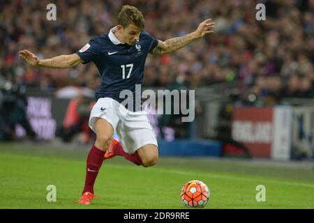 Il francese Lucas Digne durante la amichevole partita di calcio internazionale, l'Inghilterra contro la Francia al Wembley Stadium di Londra, Regno Unito il 17 novembre 2015. L'Inghilterra ha vinto 2-0. Foto di Henri Szwarc/ABACAPRESS.COM Foto Stock