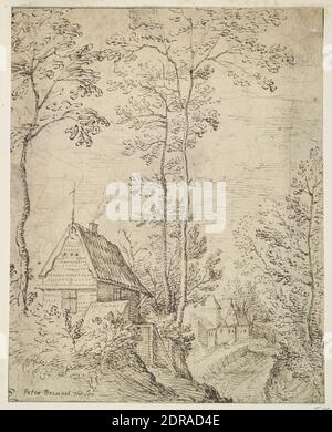 Artista, scuola di: Pieter Brueghel il Vecchio, Fiammingo, ca. 1525–1569, Casa su una collina con strada a destra, penna e inchiostro marrone scuro, foglio: 22 × 17.6 cm (8 11/16 × 6 15/16 pollici), Made in Fiandre, Fiandre, 16 ° secolo, opere su carta - disegni e acquerelli Foto Stock