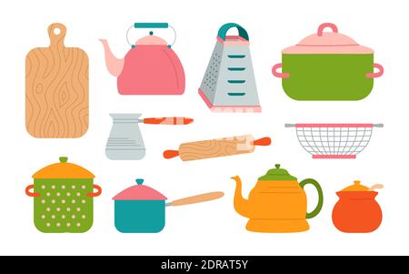 Set di utensili da cucina in stile cartoon, bollitore per pentole, tondino e grattugia, recipiente per lo zucchero a tavola. Piatti da cucina, attrezzature. Oggetti di raccolta per la preparazione degli alimenti disegnati a mano. Illustrazione vettoriale Illustrazione Vettoriale
