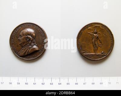 Menta: Parigi, incisore: Augustin Dupré, francese, 1748–1833, onorando: Benjamin Franklin, americano, 1706–1790, M.A., 1753, medaglia di bronzo di Benjamin Franklin, bronzo, 47.55 g, 12:00, 46 mm, Made in Paris, Francia, Francese, XVIII secolo, Numismatica Foto Stock