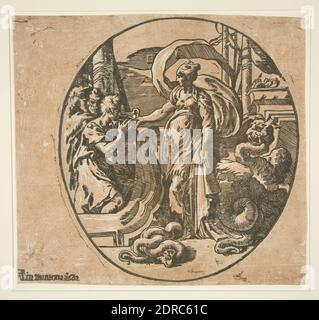 Taglialegno: Sconosciuto, taglialegno attribuito a: Antonio da Trento, Italiano, 1508–1550, artista, laboratorio di: Giuseppe Niccolò Vicentino, Italiano, attivo 1540–50, dopo: Parmigianino, Italiano, 1503–1540, Editore: Andrea Andreani, Italiano, 1558/59–1629, Circe che offre drink ai compagni di Ulisse, Chiaroscuro tagliato da 2 blocchi, foglio: 24.4 × 25.5 cm (9 5/8 × 10 1/16 in.), Italiano, XVI secolo, opere su carta - stampe Foto Stock