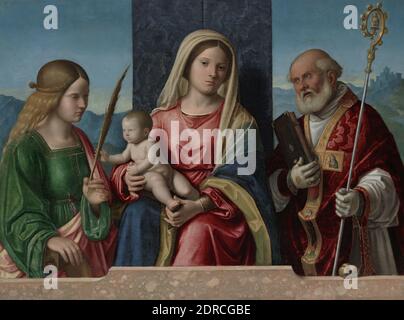 Artista: Giovanni Battista cima da Conegliano, Italiano, Venezia, ca.1459/60– ca.1517/18, Vergine col Bambino con i Santi Caterina e Nicola, olio su tela, incorniciato: 78.105 × 96.52 cm (30 3/4 × 38 in.), Quaresima della Fondazione Barker Welfare, in memoria di Caterina Barker e Carlo V. Hickox, B.A. 1911, ILE1984.8, dipinti italiani, veneziani, XVI secolo Foto Stock