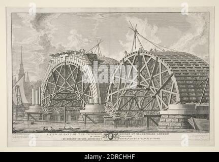 Artista: Giovanni Battista Piranesi, italiano, 1720–1778, dopo: Robert Mylne, inglese, una vista di parte del ponte previsto a Blackfriars, Londra, nel mese di agosto MDCCLXIIII di Robert Mylne, architetto, inciso da Piranesi a Roma, incisione, dopo Mylne & 039; s design, platemark: 41.4 × 62.1 cm (16 5/16 × 24 7/16 in.), Made in Italy, Italiano, XVIII secolo, opere su carta - stampe Foto Stock