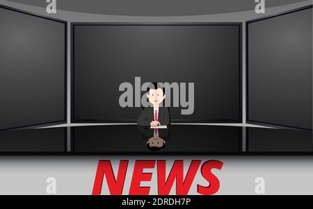 emittente sul piano di vetro e sfondo lcd in studio di notizie Illustrazione Vettoriale