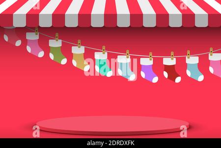 podio rosso con calze colorate in rosso negozio sfondo in giorno di natale Illustrazione Vettoriale