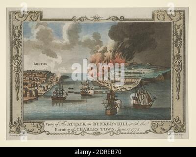 Incisore: John Lodge, britannico, attivo 1774–96, dopo: George Henry Millar, britannico, fine del XVIII secolo, Vista dell'attacco alla collina di Bunker, con l'incendio di Charlestown, 17 giugno 1775, ca. 1783, incisione di Lodge, foglio: 22.8 × 31.5 cm (9 × 12 3/8 in.), fabbricato negli Stati Uniti, raffigurato Charlestown, Massachusetts, raffigurato Boston, Massachusetts, americano, 18–19 ° secolo, opere su carta - stampe Foto Stock