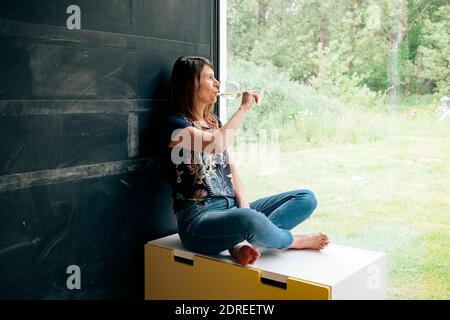 Donna sola guardando fuori dalla finestra bere UN bicchiere di vino - dolore di quarantena a casa