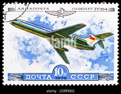 MOSCA, RUSSIA - 4 GENNAIO 2019: Un francobollo stampato in URSS (Russia) mostra Tupolev Tu-154, Storia della serie di aerei russi, circa 1979 Foto Stock