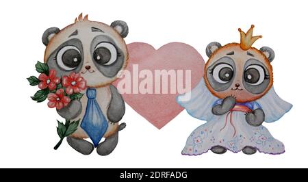 Coppia di panda innamorati. Lo sposo in cravatta e con un bouquet di fiori rossi e la sposa in un abito da sposa, in un velo e corona sullo sfondo Foto Stock