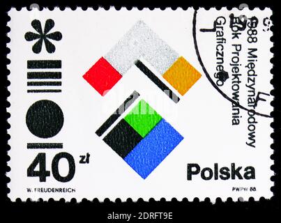 MOSCA, RUSSIA - 9 FEBBRAIO 2019: Un francobollo stampato in Polonia dedicato all'anno internazionale del disegno grafico, circa 1988 Foto Stock