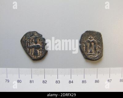 Governatore: Costans II, Imperatore di Bisanzio, Greco, 630–668, governò 641–68, Follis (40 Nummi) di Costans II, Imperatore di Bisanzio, 600–699, rame, 3.10 g, 1:00, 23 mm, fatto a Costantinopoli (?), Tracia, Bizantino, VII secolo, Numismatica Foto Stock