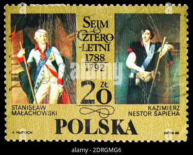 MOSCA, RUSSIA - 10 FEBBRAIO 2019: Un francobollo stampato in Polonia mostra Stanislaw Malachowski, Kazimierz Nestor Sapieha, quattro anni 'Dieta (1788-1792), bic Foto Stock