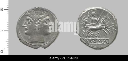 Menta: Roma, Didrachm (Quadrigatus) da Roma, 225–212 a.C., Argento, 6.01 g, 9:00, 21 mm, Made in Rome, Italy, Roman, III secolo a.C., Numismatica Foto Stock