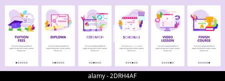 Formazione online, corso finale, ricerca di diploma e laurea. Schermate delle app mobili, modello di banner per siti Web vettoriali. Illustrazione Vettoriale