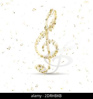 Luxury Gold Treble Clef della stellare contro su note d'oro volanti casuali. Bella notazione musicale sinfonia per banner di festival, stampa design Illustrazione Vettoriale