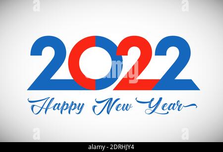 2022 UN felice anno nuovo congrats concetto. Logotipo classico. Modello grafico isolato astratto. Colori rosso, blu, bianco. Calligrafia decorativa. Illustrazione Vettoriale