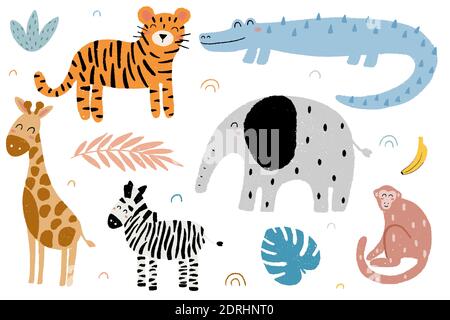 Carino collezione di animali africani selvatici: elefante, tigre, coccodrillo, scimmia, zebra, giraffe e piante. Vettore di stile scandinavo disegnato a mano Illustrazione Vettoriale