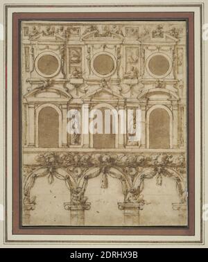 Artista: Giorgio Vasari, italiano, 1511–1574, artista, attribuito a: Vincenzo Borghini, italiano, 1515–1580, progetto di decorazione temporanea della parete Est del cortile di Palazzo Vecchio (recto); Schema parziale di un soffitto con pannelli circolari, quadrati e rettangolari (verso), ca. 1565, penna e inchiostro marrone e lavaggio marrone, su disegno in gesso nero, con l'ausilio di un bordo diritto, stilo e bussola (recto); penna e inchiostro marrone, con l'ausilio di un bordo diritto (verso), foglio: 24.3 × 19.4 cm (9 9/16 × 7 5/8 in.), Made in Italy, Italiano, XVI secolo, opere su carta - disegni e acquerelli Foto Stock