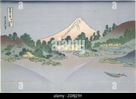 Artist: Katsushika Hokusai, Japanese, 1760–1849, Reflection of Fuji in Lake Misaka in Kai Province, from the series trentasei views of Mount Fuji, ca. 1831, Ukiyo-e: Stampa in blocco di legno policromo, blocco chiave blu, foglio: 10 1/4 × 15 1/16 in. (26 × 38.2 cm), , Giappone, Giapponese, periodo Edo (1615–1868), opere su carta - stampe Foto Stock