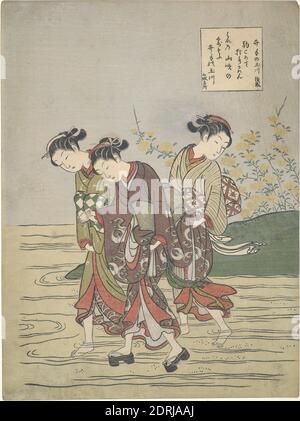 Artist: Suzuki Harunobu, Japanese, 1725–1770, Girls Fording the IDE no Tamagawa, stampa in blocco di legno policromo, foglio: 11 × 8 1/4 pollici. (27.9 × 21 cm), Giappone, Giapponese, periodo Edo (1615–1868), opere su carta - stampe Foto Stock