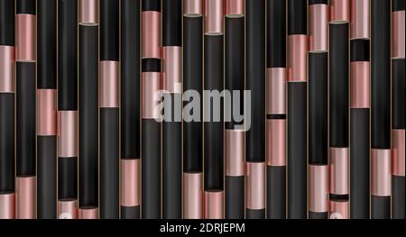 cilindri metallici in tubi neri, bordi dorati, fondo geometrico astratto. rendering 3d Foto Stock