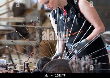 Nyons (Francia sud-est): Scourtinerie, l'ultima fabbrica a produrre i "Scourtins" (dischi in fibra di nylon) dalla Provenza. I "Scourtins" sono filtri utilizzati Foto Stock