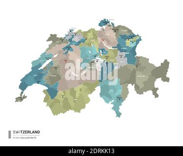 La Svizzera ha una mappa dettagliata con suddivisioni. Mappa amministrativa della Svizzera con il nome dei distretti e delle città, colorata dagli stati e dall'amministrazione Illustrazione Vettoriale