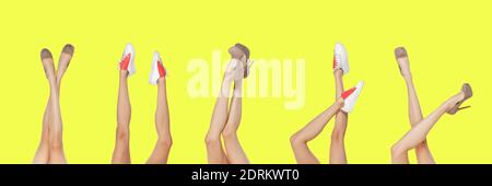 Collage con gambe femminili in diverse scarpe isolate su sfondo giallo. Foto Stock