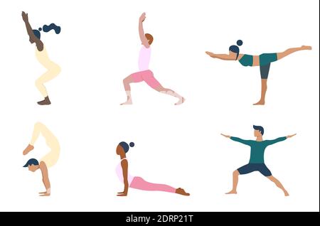 Collezione di giovani che eseguono asana yoga. Set di cartoni animati piatti che mostrano varie posizioni yoga. Stile di vita sano. EPS 10. Illustrazione Vettoriale