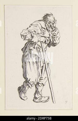 Artista: Jacques Callot, francese, 1592–1635, Beggar propped up on a stick, from the Beggars (le gueux appuye sur un baton), ca.1622–1623, incisione, foglio: 13.7 × 8.8 cm (5 3/8 × 3 7/16in.), made in France, French, 17 ° secolo, opere su carta - stampe Foto Stock