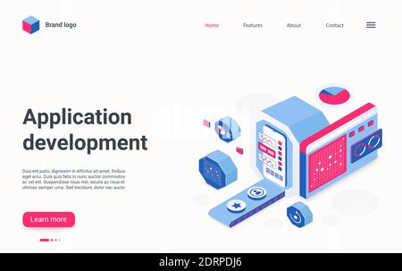 Modello vettoriale della pagina di destinazione isometrica per lo sviluppo di applicazioni. Banner Web aziendale per la creazione di applicazioni, concetto di pagina Web. Layout dell'interfaccia della home page del sito Web di programmazione mobile. Illustrazione Vettoriale