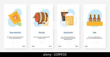 Illustrazione vettoriale della produzione e della vendita di birra. UX, UI onboarding mobile app page set con birra artigianale pub, bar o negozio assortimento, fabbrica di birra attrezzature per la produzione di birra da materie prime Illustrazione Vettoriale