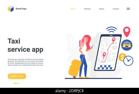 Fumetto piatto personaggio donna con smartphone per ordinare un taxi, condividendo la posizione del punto sulla pagina di destinazione della mappa della città. Disegno di Web site per l'azienda di ordine di trasporto, illustrazione vettoriale dell'applicazione di servizio dell'automobile in linea Illustrazione Vettoriale