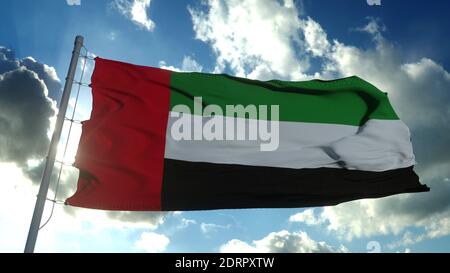 Bandiera degli Emirati Arabi Uniti sventolando al vento in lento cielo blu. rendering 3d Foto Stock