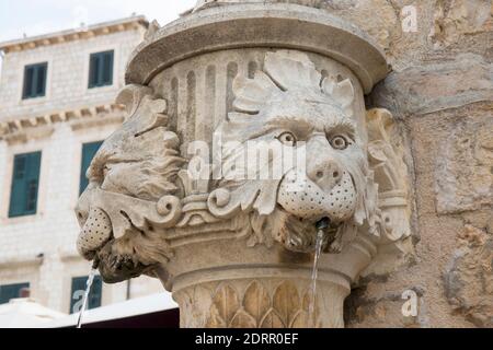 Dubrovnik, Dubrovnik-Neretva, Croazia. Fontana in pietra scolpita con la testa dei leoni in Piazza Gundulić. Foto Stock