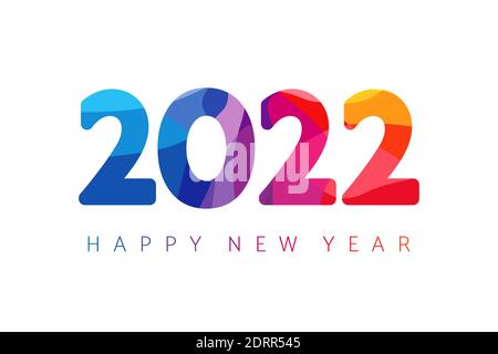 2022 UN felice anno nuovo congrats concetto. Logotipo di vetro colorato. Splendido sfondo innevato. Modello grafico isolato astratto. Numero decorativo Illustrazione Vettoriale