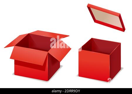 Scatole rosse aperte, carta, cartone. Modello vettoriale isolato mockup per prodotti di progettazione, pacchetto, branding. Illustrazione Vettoriale