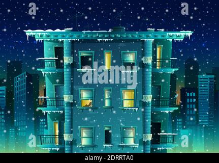 Città invernale in stile cartoon vettoriale con fondo fiocchi di neve. Edificio con molti piani e finestre con balconi. Illustrazione Vettoriale