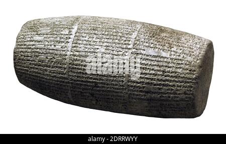 Cilindro cuneiforme di argilla. Regno tardivo del re Nebuchadnetsar II (630-562 a.C.). Impero neo-babilonese o Impero Caldeo. Museo del Louvre. Parigi, Francia. Foto Stock