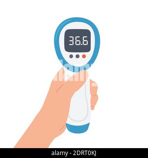Termometro elettronico a infrarossi senza contatto con temperatura normale in mano. Illustrazione Vettoriale
