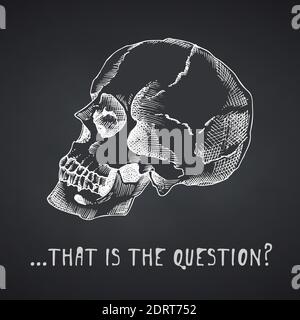 Schizzo disegnato a mano del cranio umano. Immagine grafica in gesso isolata su sfondo calkboard. Vista del profilo della testa. Stile di incisione. Vettore Illustrazione Vettoriale