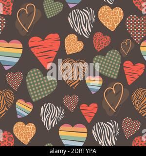 Pattern vettoriale senza giunture con cuori di trame diverse. Sfondo per la progettazione di cartoline, tessuti, carta, adesivi. Leopardo, brindle, gabbia, Illustrazione Vettoriale